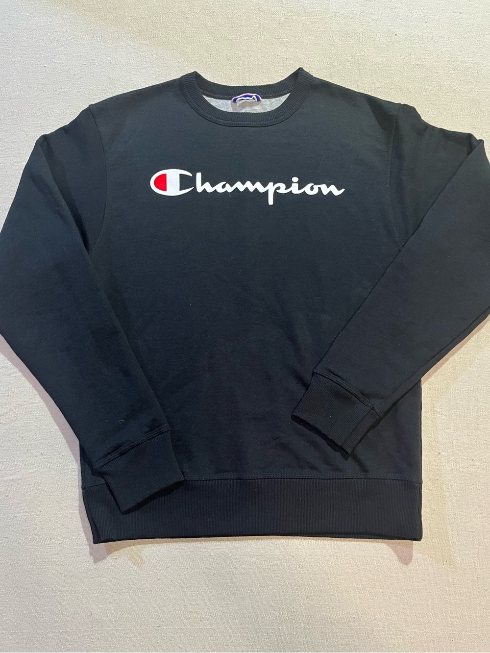 Champion Powerblend Fleece Crewneck Script Logo Sweatshirt, Black, Sz S